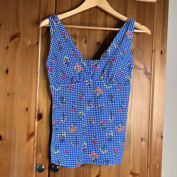 Lands End Blue Gingham Floral Swim Tankini Top Women's 8 Beachy Botanical Check - Picture 4 of 10
